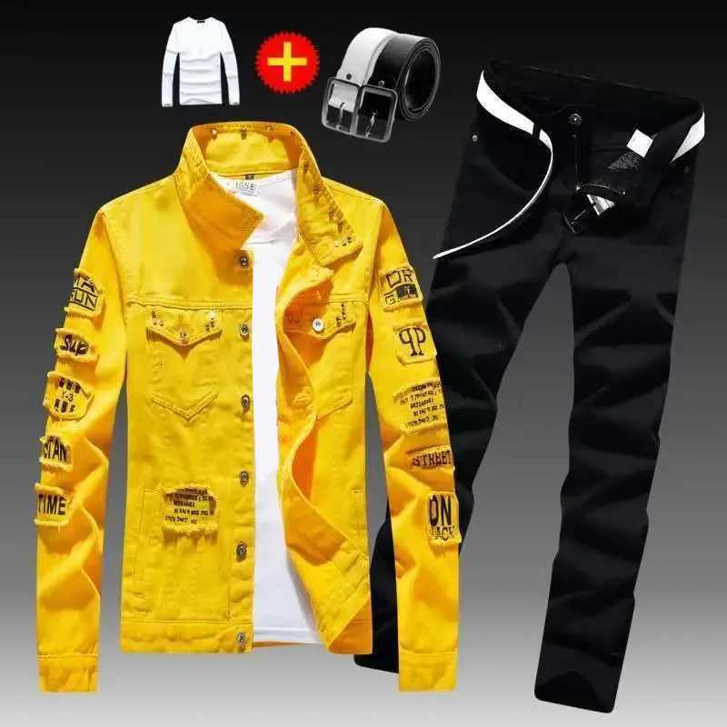 Spring Autumn Mens Denim Jacket + Jeans Pants Set Fashion Single Breasted Coat Trousers Two Piece Denim suit X250228