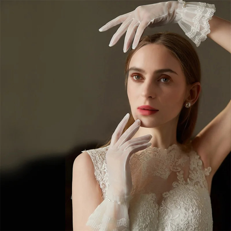 Elegant Lace Fingerless Gloves with Pearl Embellishments for Brides Proms and Special Occasions - Delicate Sheer Wrist Length 250722