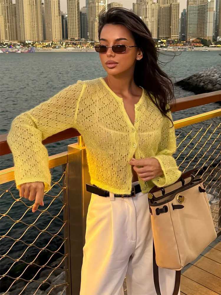Trendix Summer Hollow Knit Cardigan Women Slim Long Sleeve Patchwork Button Short Top Vacation Party Beach Knitwear Tops Female X250724