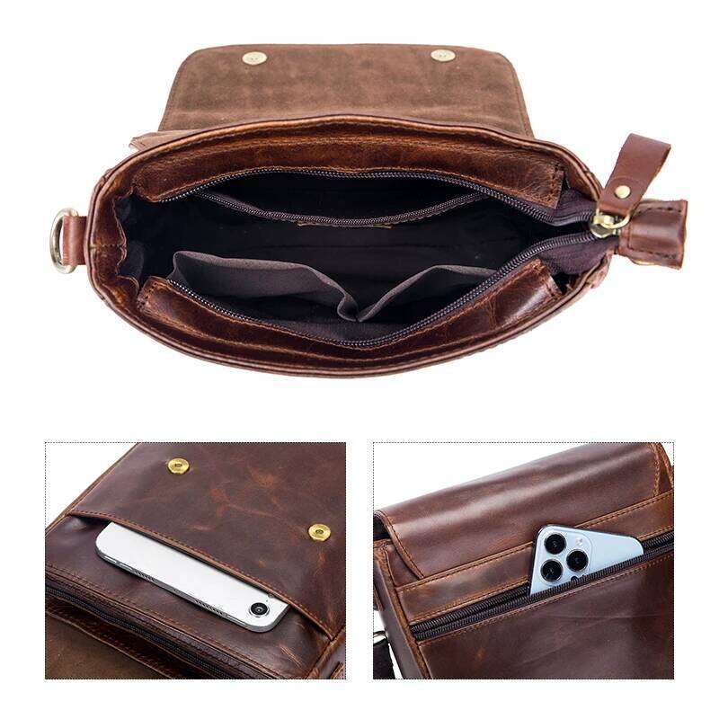Genuine Leather Cowhide Single Shoulder Men Crossbody Messenger Bags Vintage Casual Large Capacity Flip Zipper Bag