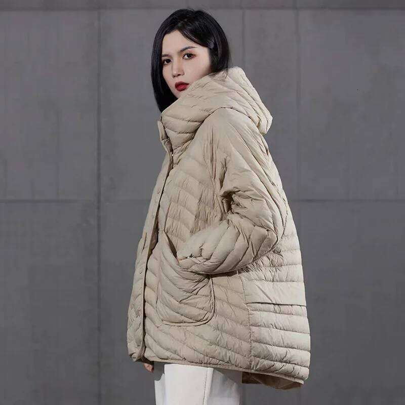 Schinteon Women 90% White Duck Down Jacket Over Size Loose Casual Autumn Winter Outwear Big Pocket Coat Hood 2024 New