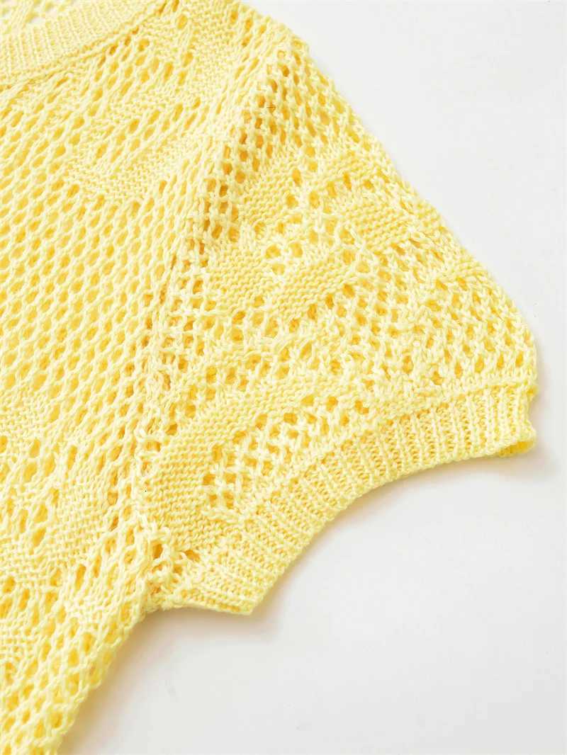 2025 New Yellow Knitted Short Sleeve Cutout Design Cardigan for Women Summer Casual Fashion Personality Versatile X250724