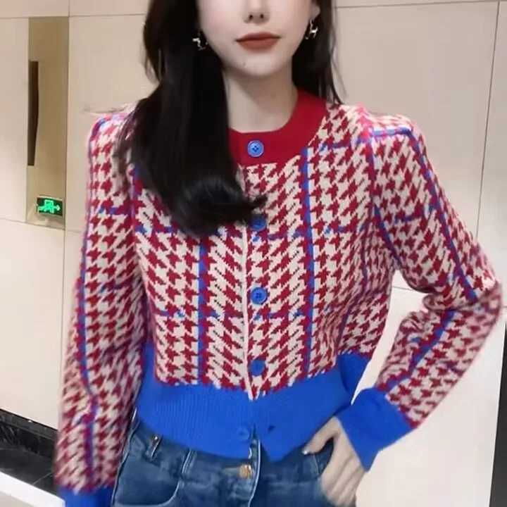 European Goods Colored Thousand Birds Knit Cardigan Women 2023 Autumn and Winter New Round Neck Fashion Retro Short Sweater Tops X250724