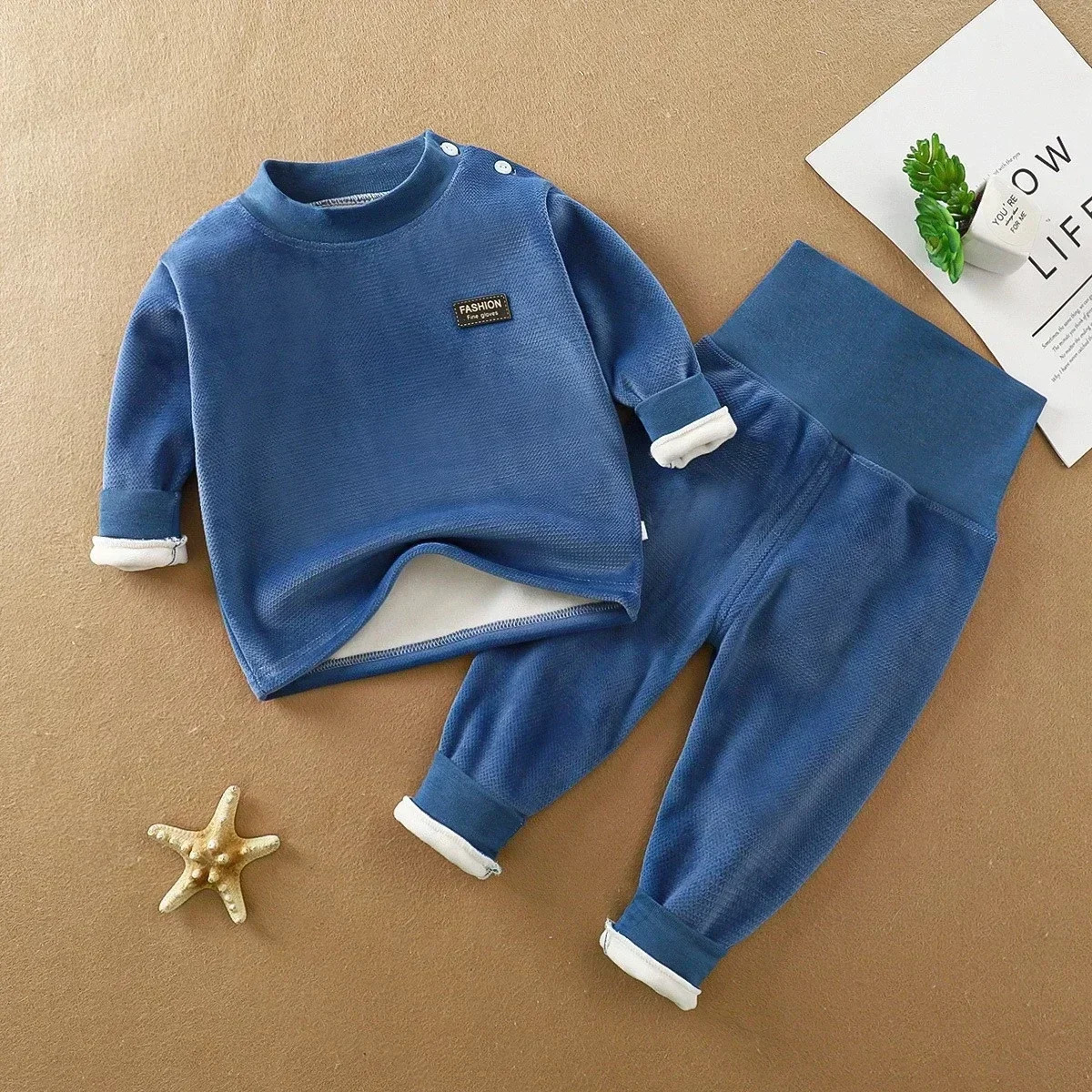 Warm underwear set for autumn and winter babies thickened high waist and belly protection baby casual childrens clothing 250724