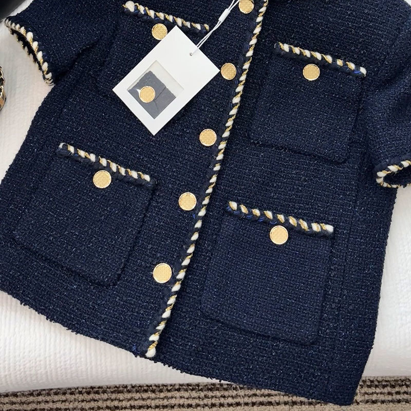 Chan Ladies Tweed Woven Cropped Jacket - Designer Round Neck Short Sleeve Coat, Single Breasted Y2K Clothing S0756
