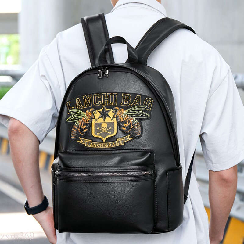 New Trendy Personalized Embroidered PU Simple Casual Business Urban Commuting Men's Laptop Backpack