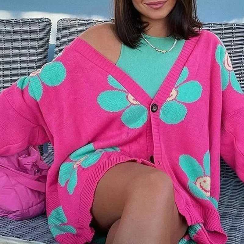 Europe and the United States Womens Sweater Love Flowers in the Long V-neck Coat Loose Casual Knitted Cardigan New Style X250724