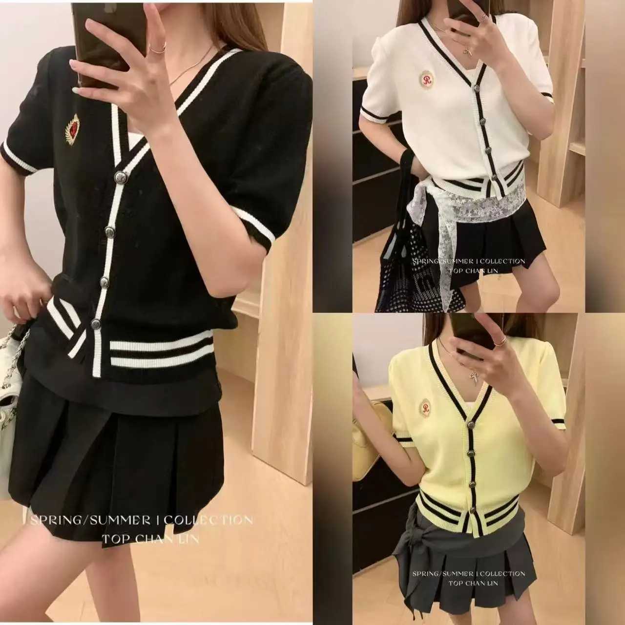 2025 Summer V-neck Knit Sweater Cardigan Women Striped Embroidery Single-breasted Tops Knitwear Short Sleeve Stylish Chic Jumper X250724