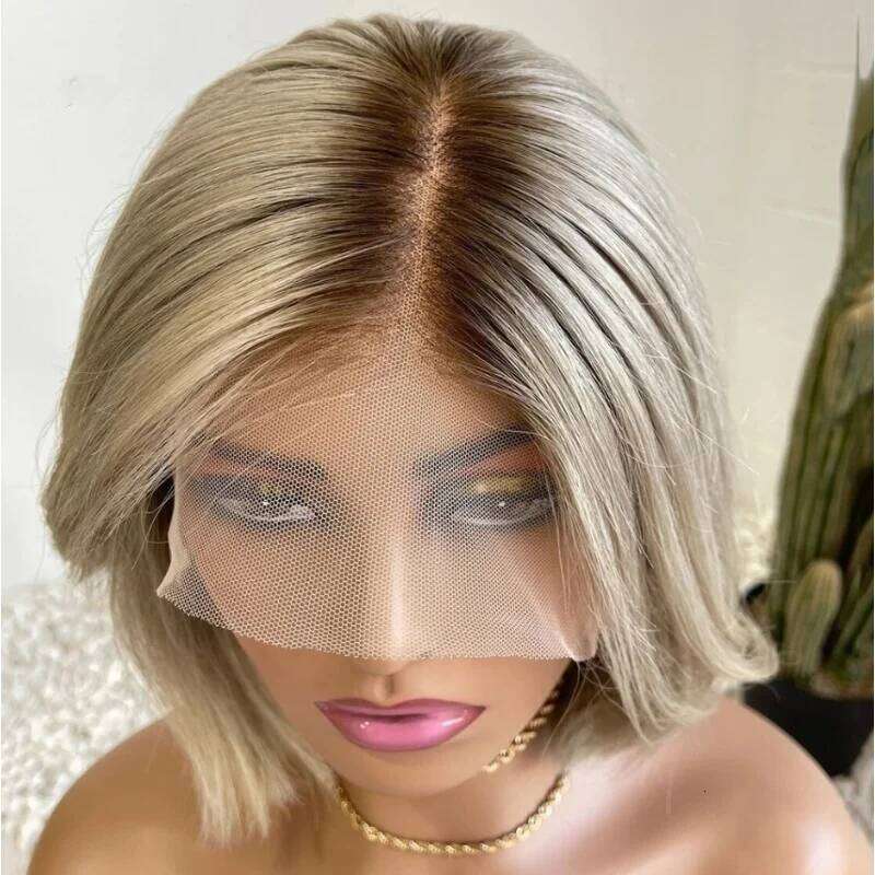 Straight Synthetic Lace Front Natural Preplucked With Free Part Ombre Ash Blonde Short Heat Resistant Fiber Wig