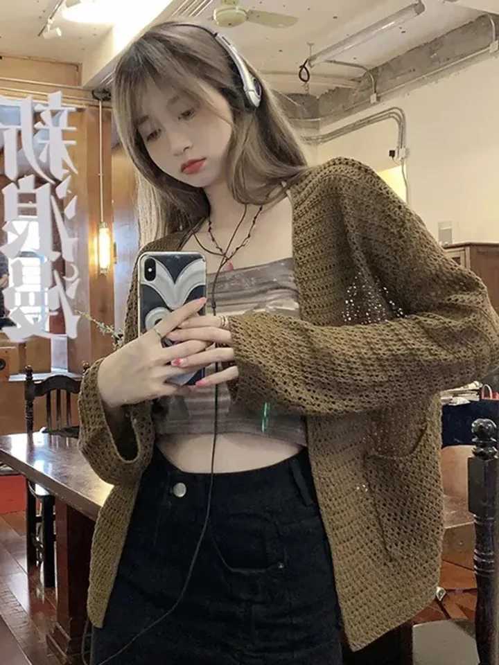 Women Hollow Out Knitted Cardigan Sweaters Autumn Simple Lazy Wind Long Sleeve Outerwear Boho Sun Proof Holiday Lady Coat Tops X250724