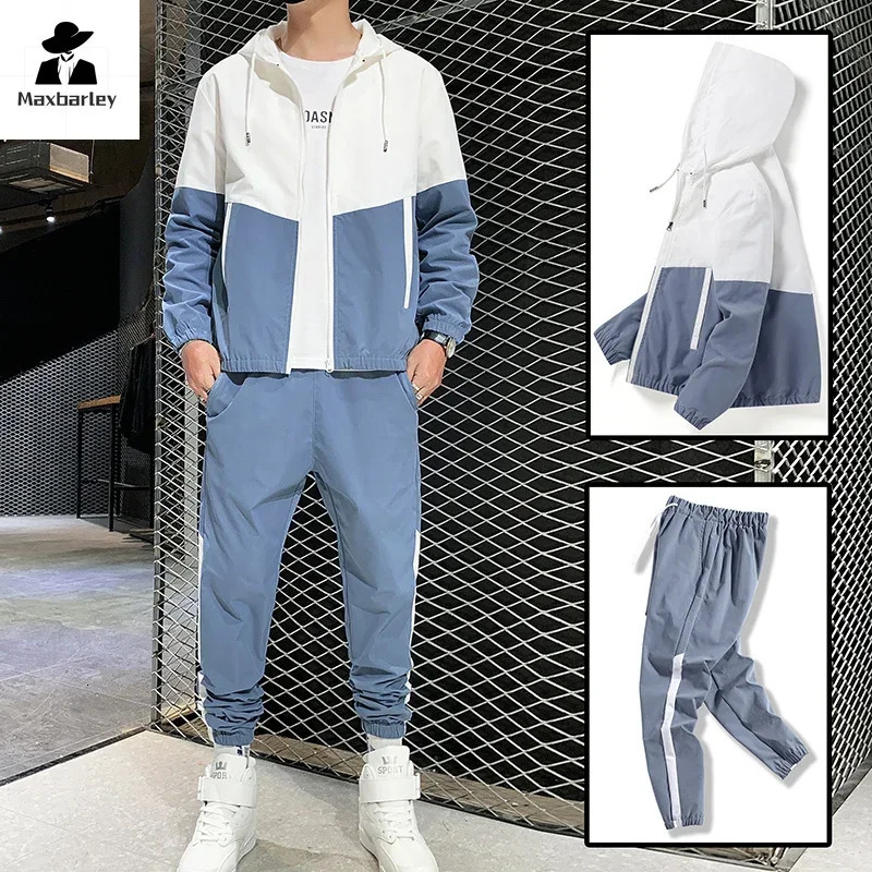 Spring And Autumn Mens Sportswear Suit Hooded Colorblock Casual Jacket Pants Suit Mens Teenager 2-piece Jogger Sweatshirt 250717