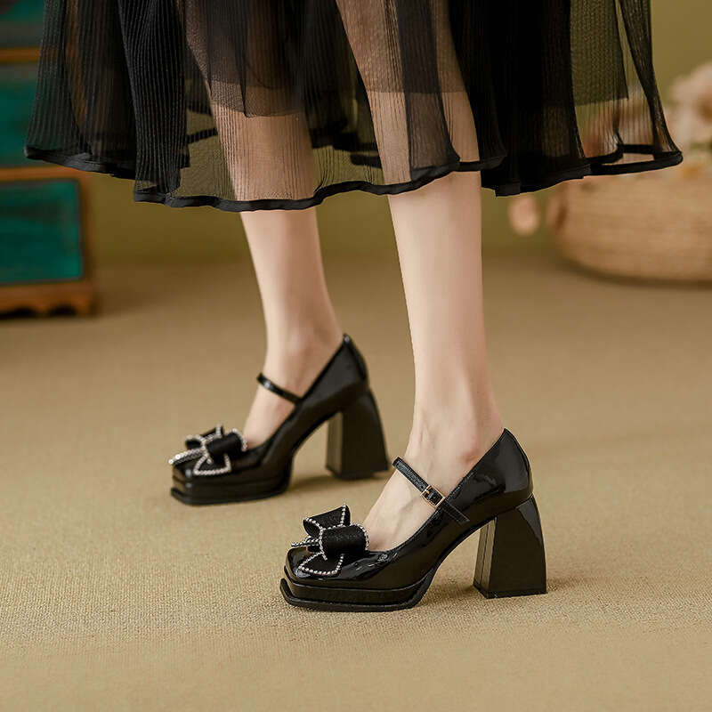 Mary Jane High Heels Lace Bow Single 2025 Spring New Shallow Mouth Women Shoes for Petite Height Increase
