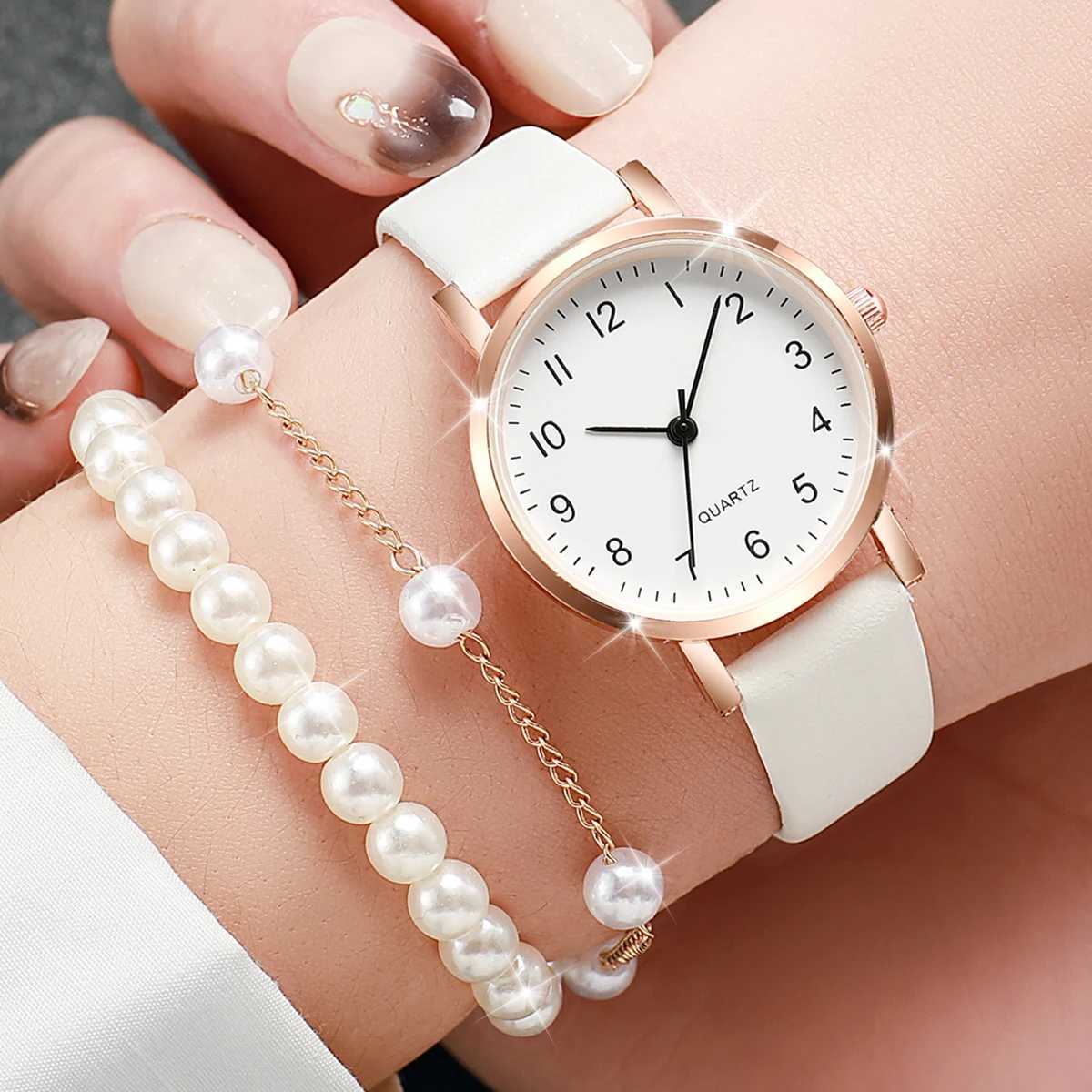 3pcs/set Fashion Women Leather Strap Quartz Watch and Pearl Bracelet Set W250724