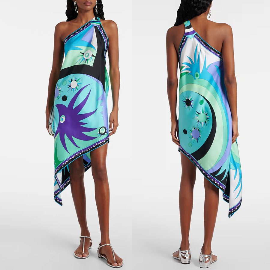G723New European and American spring and summer satin positioning print off-shoulder dress