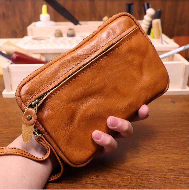 Vegetable Tanned Leather Zipper Purse Cowhide Zero Wallet Large Capacity Card Bag Cow Leather Key Storage bag Clutch Bags Wallet 250723