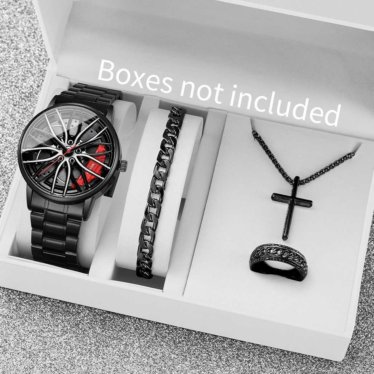 4PCS/Set Fashion Men Watches Jewelry Set Casual 3D Car Wheel Dial Stainless Steel Band Quartz Watch for Men ClockWithout Box W250724