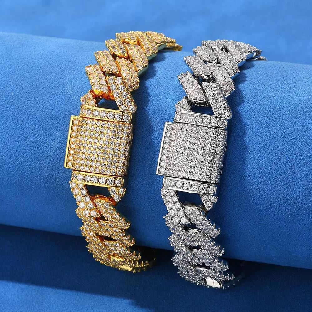 Hip Hop Micro Inlaid Moissanite S925 Silver Men Diamond Shaped Cuban Bracelet Fashion Chain Link Jewelry