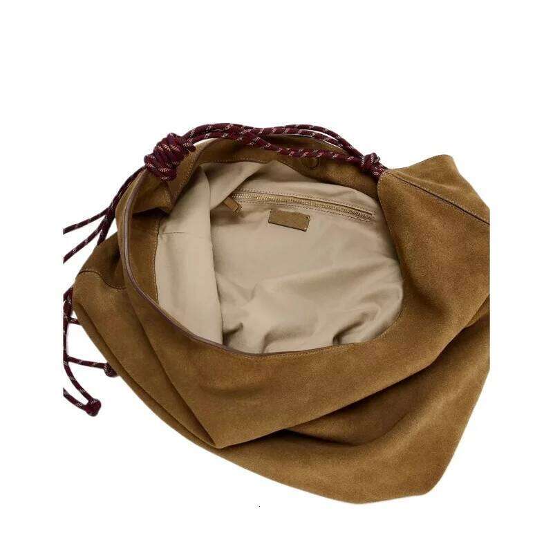 Split Leather Shoulder With Cord Strap High Quality Dark Tan Faux Suede Bucket Women Large Capacity Casual Crossbody Bag