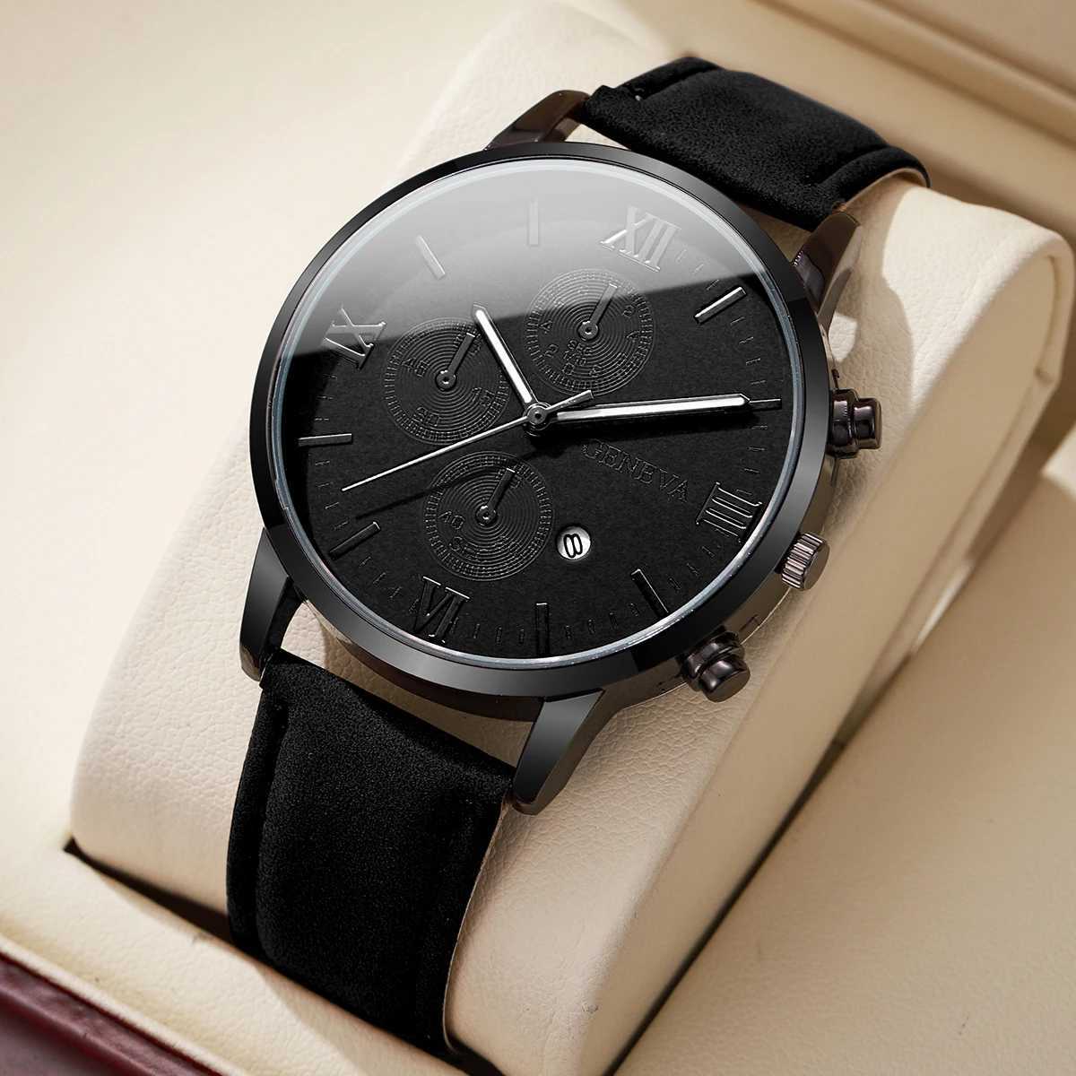 1/2PCs Mens Casual Calendar Watch Fashionable Mens Temperament Leather Quartz Watch Unisex Watch Set (Box Not Included) W250724