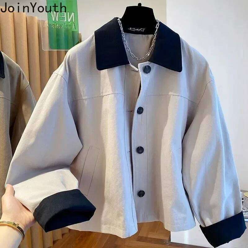 Korean Clothing Fashion Jackets for Women's Contrast Color Turndown Collar Vintage Outwear Casual Oversized Coats Tops Female