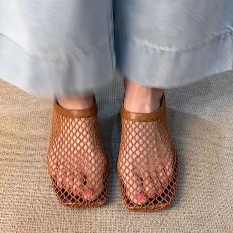 Heel Sandals Sandals Shoes Women Heels Niche Fishnet Hollow Breathable Square Toe Single Shoes Slip On Cat Heel Sandals Woven High Heels