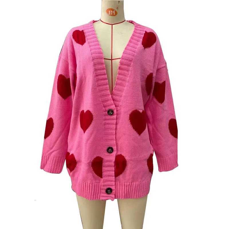 Europe and the United States Womens Sweater Love Flowers in the Long V-neck Coat Loose Casual Knitted Cardigan New Style X250724