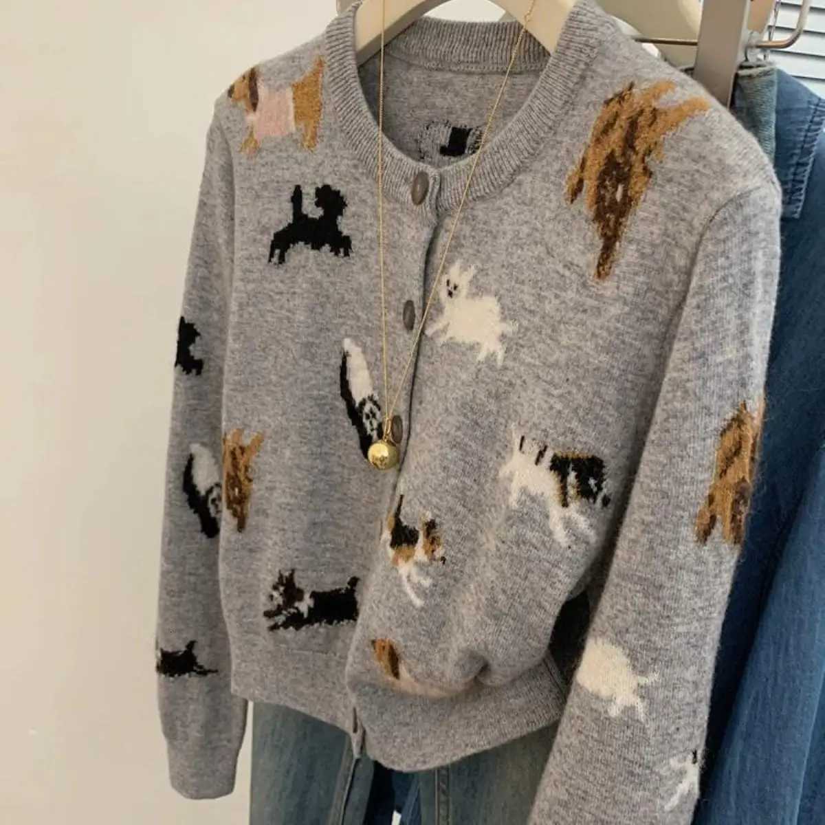 Spring Autumn Womens Dog Jacquard Sweater Knit Cardigan X250724