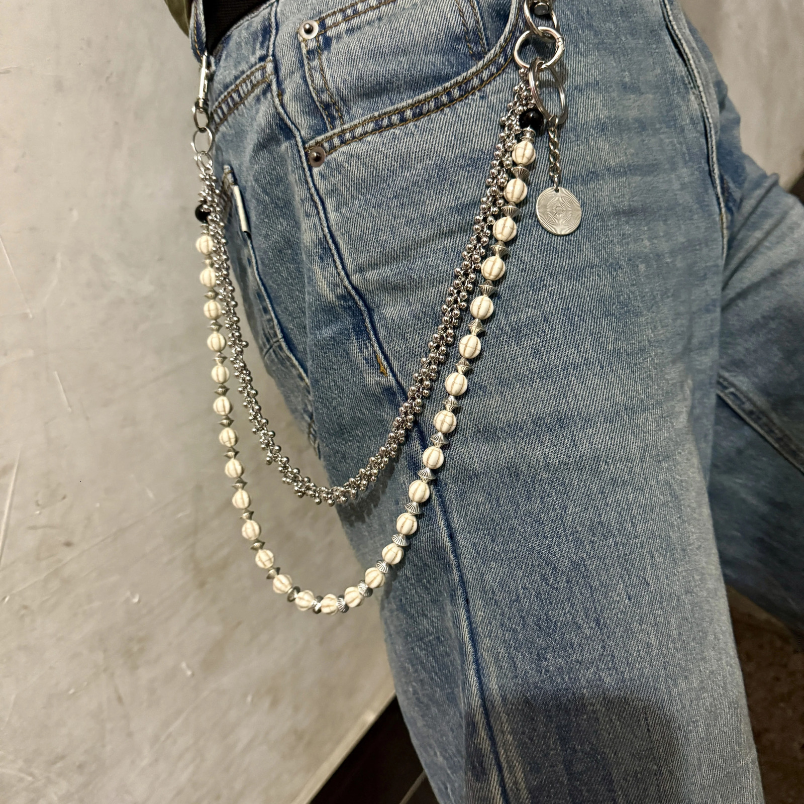 Punk Style Trouser Chain Double Layer Turquoise Pumpkin Beads Flower Chain Fashionable and Versatile Jeans Decoration 250722