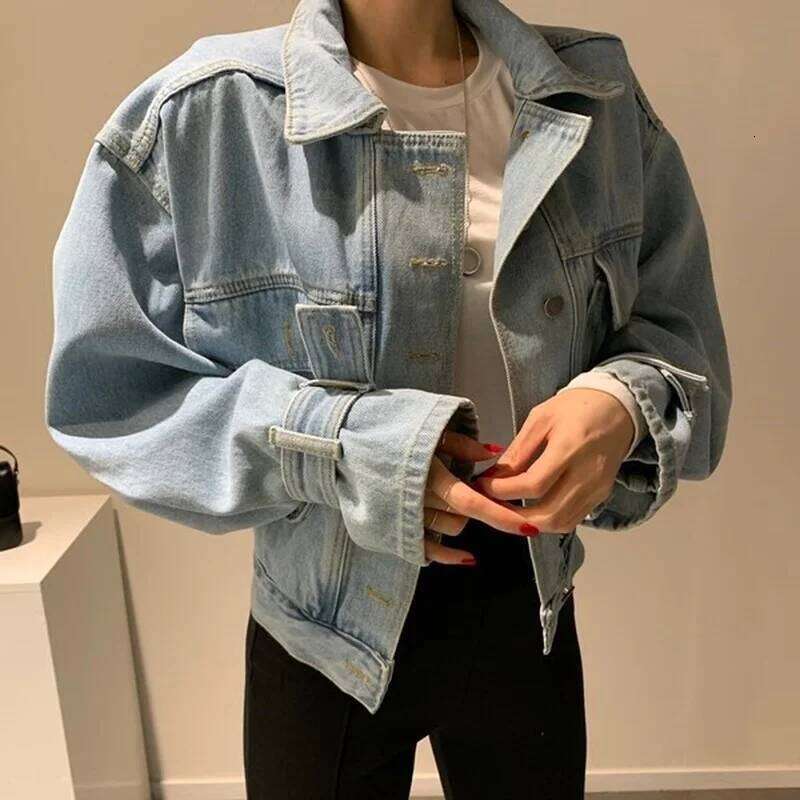 Fall New Fashion Casual Denim Coats Turn-down Collar Single Breasted Crop Jackets Women Chic Patchwork Long Sleeve Outwears