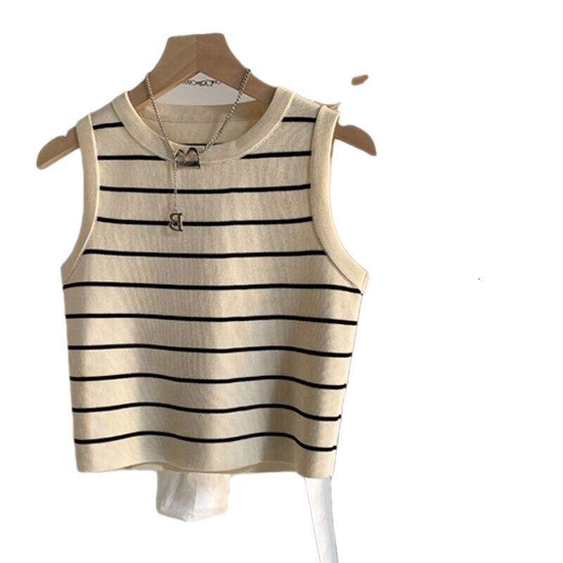 sxzy Knitted Short Striped Vest for Women Summer Inner Chain Design Sense Niche Outer Wear Sleeveless Hot Girl Top Ins