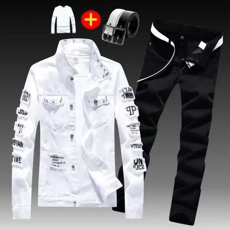 Spring Autumn Mens Denim Jacket + Jeans Pants Set Fashion Single Breasted Coat Trousers Two Piece Denim suit X250228
