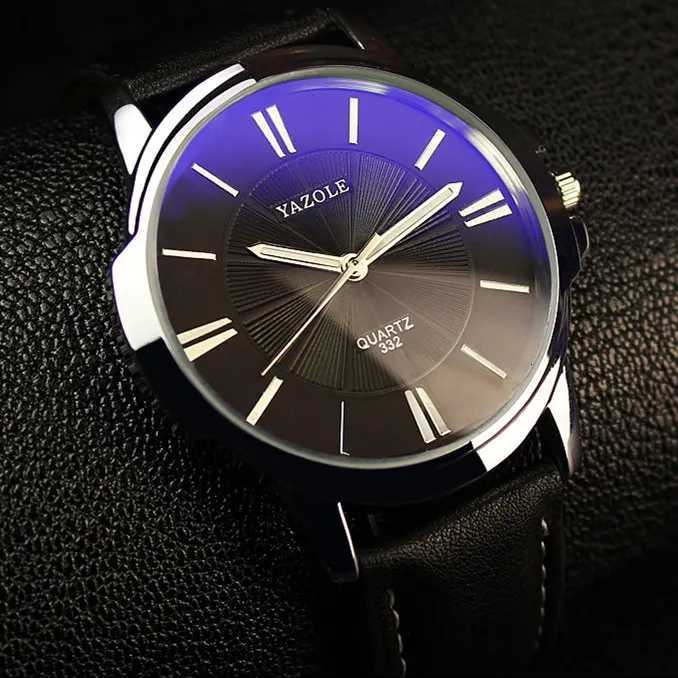 Hot YAZOLE Mens Watches Top Brand Luxury Blue Glass Watch Mens Wristwatch Waterproof Leather Roman Mens Watch Male Clock Watches W250724