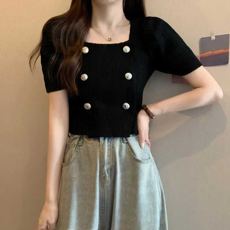 Women Fashion Double-Breasted Square Neck Cardigan New Slim Solid Short Sleeve Knit Shirt Summer Design Worn Outside Crop Tops X250724
