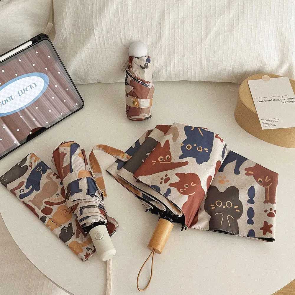 Fully Automatic Graffiti Ins Cat Folding Sun and Rain Dual-purpose Umbrella Sun Protection Portable Small Sun Umbrella Student R250724
