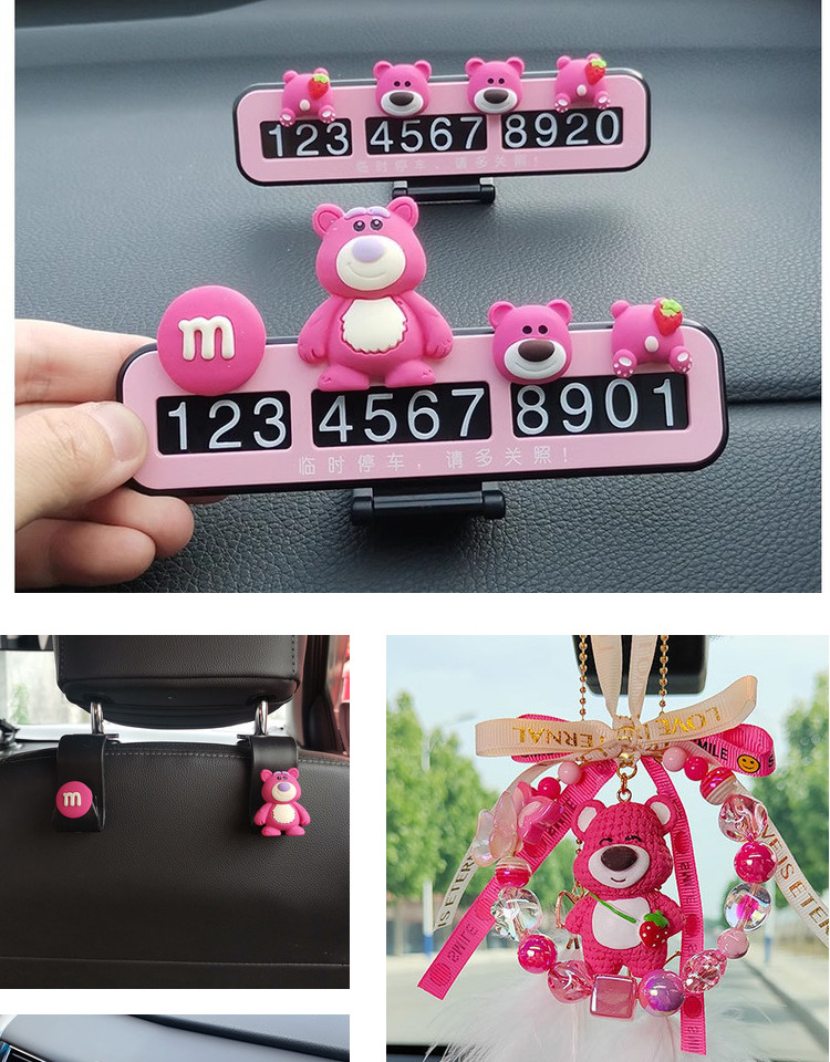 Internet celebrity strawberry bear cute car interior decoration doll parking sign hook display screen car accessories decoration