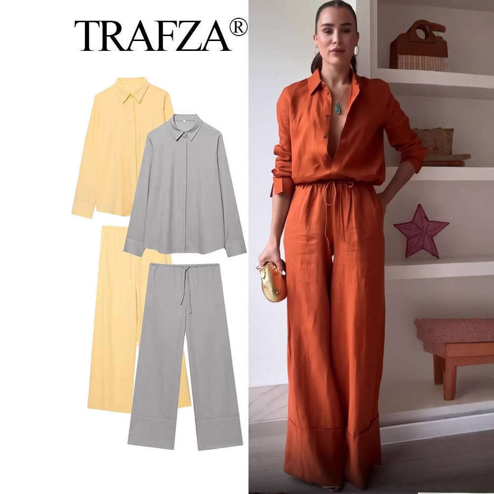 TRAFZA Spring New Shirt Long Sleeve Solid Color Casual Loose Wide-Leg Pants Set B5