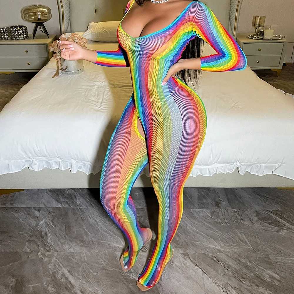 Rainbow Sexy Lingerie for Women Erotic Babydoll Full Bodystocking Underwear Costumes Sleepwear Nightwear Crotchless Bodysuit W250724