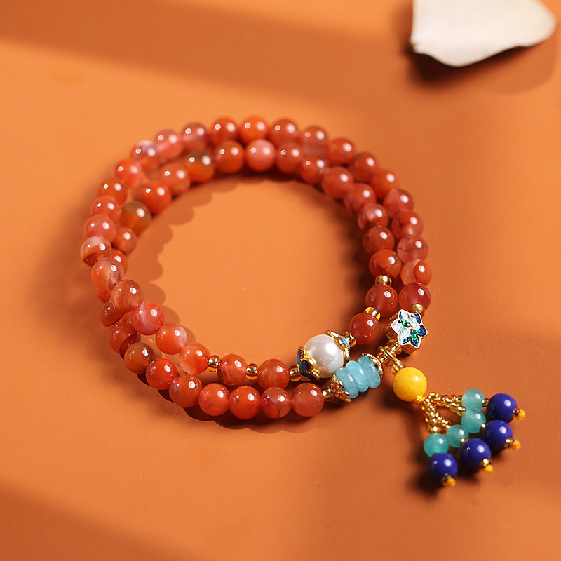 New Chinese Style Nanhong Tassel Bracelet Versatile Elegant with Imitation Pearl Cloisonne Accessories Multi loop Design Unisex