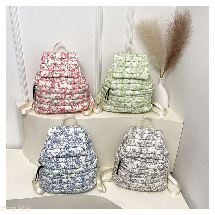 Down Pleated Backpack Women's Cloud Large Capacity Fluffy Plaid Lightweight Puff Bag