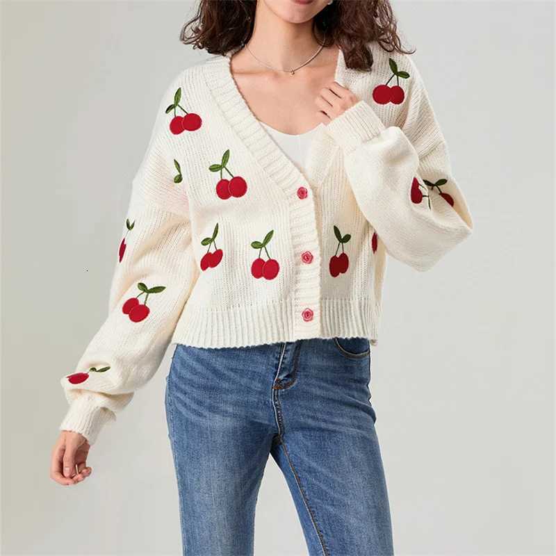 2024 Winter Fashion Patchwork Long Sleeve Short Cardigan Women Y2K Embroidery Cherry Cardigan Street Casual Knitwear Sweater X250724