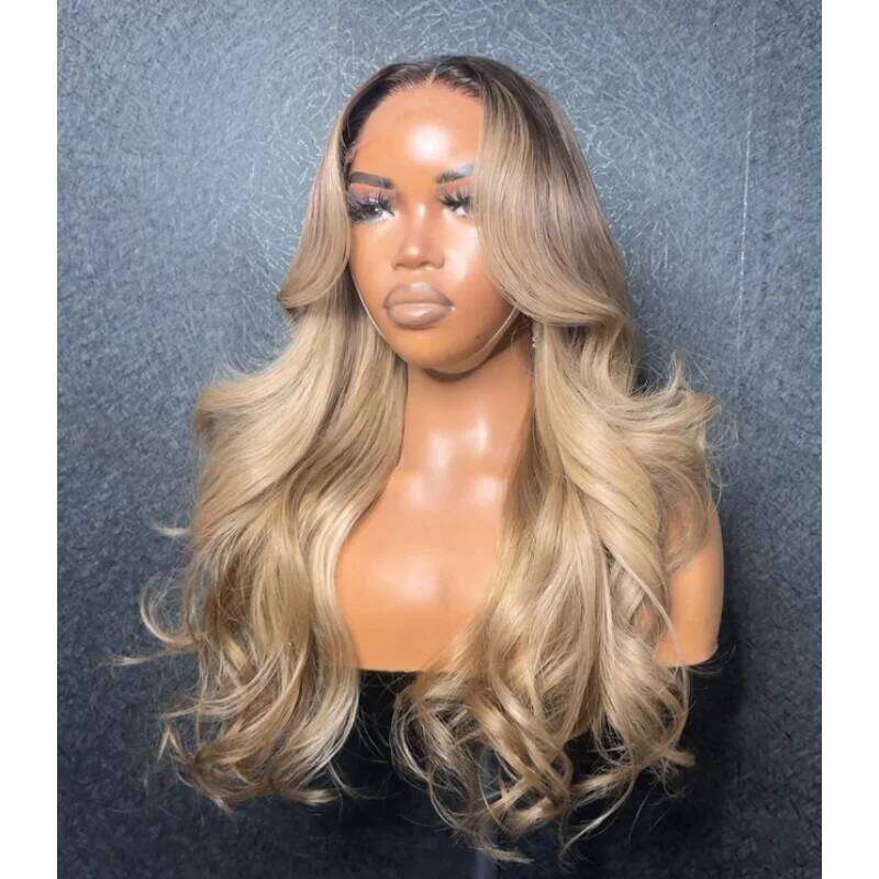 Ombre Ash Brown Streaks Layered Lace Front Wig Dark Root Long Loose Wavy 20 Inches Synthetic Wigs For Women