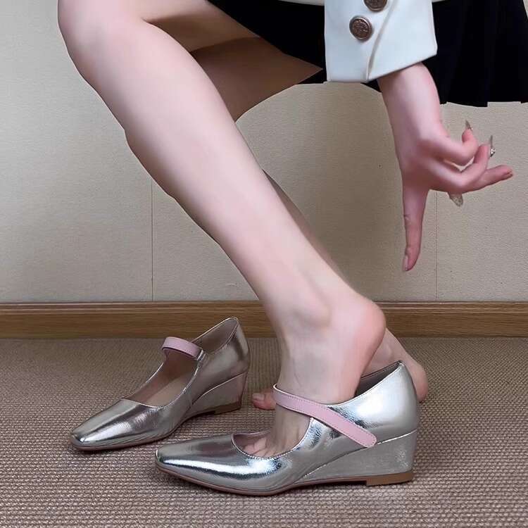 Heel Sandals Sandals Shoes Women Heels New Style Wedge Square Toe Shallow Mouth Mary Jane Shoes For Women Korean Version Velcro Color Block