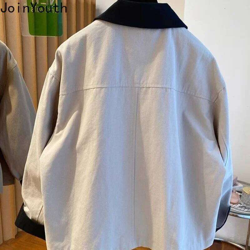 Korean Clothing Fashion Jackets for Women's Contrast Color Turndown Collar Vintage Outwear Casual Oversized Coats Tops Female