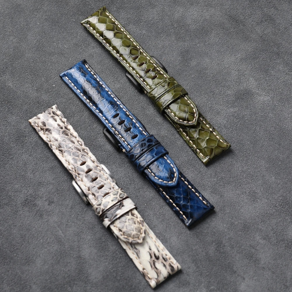 Handmade Snakeskin Bracelet 20 22 24 26MM Grey Blue Green Vintage Style Unique Leather Men Watchband For PAM Sports 250723