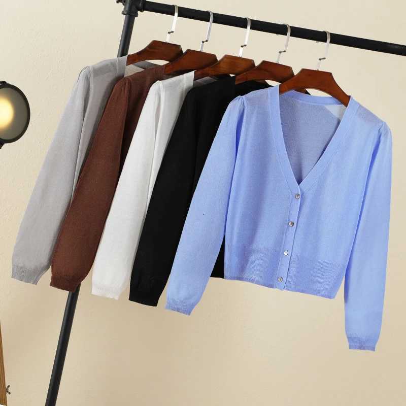 Summer Cardigan Women V-neck Blouses Crochet Top Clothing Cropped Button-down Outerwear Cute Knitted Ladies Sweaters Black Basic X250724