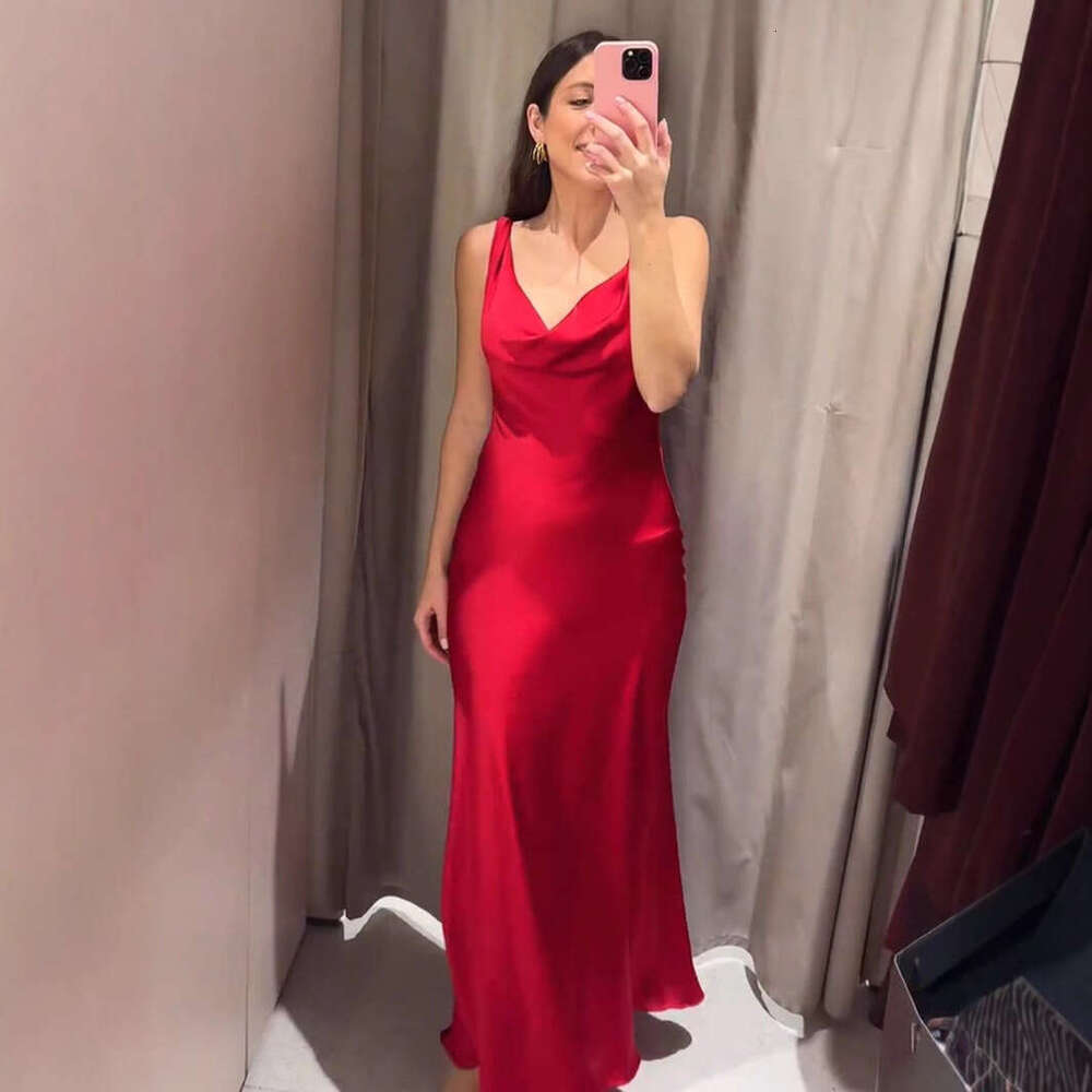 TRAFZA Spring Summer Fashion Women's New Style Swing Collar Silk Satin Texture Backless Long Dress B5