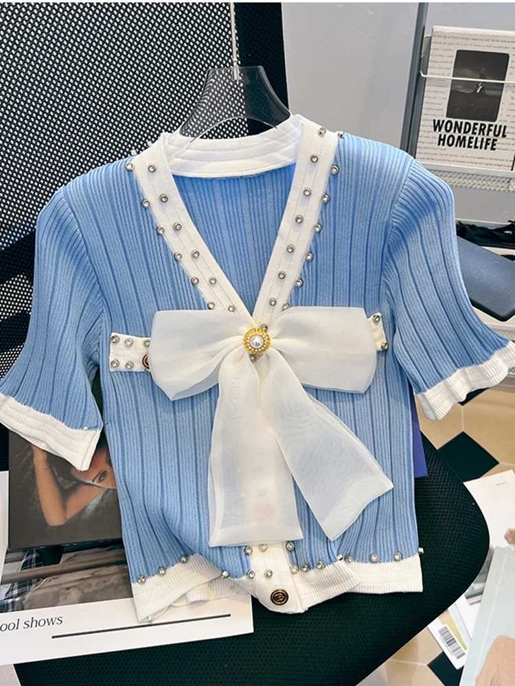 2025 New Summer Fashion Women Bow V Neck Single-Breasted Knitted Short Sweater Patchwork Color NailDiamond Cardigan Tops Female X250724
