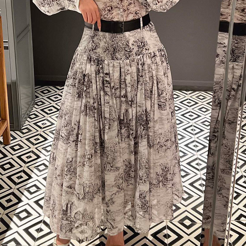 Ladies Printed A-Line Skirt Classic Designer High Waist Pleated Skirt Y2K Floral Print Luxury Resort Wear S0751