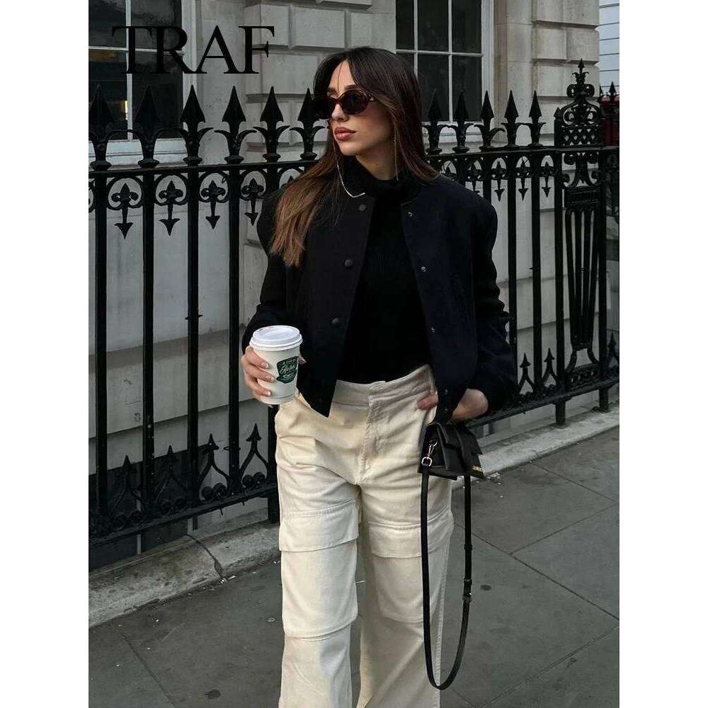 TRAFZA Women Vintage Solid Long Sleeve Bomber Jacket Casual Coats Streetwear Female Elegant Lapel Zipper Jakcet