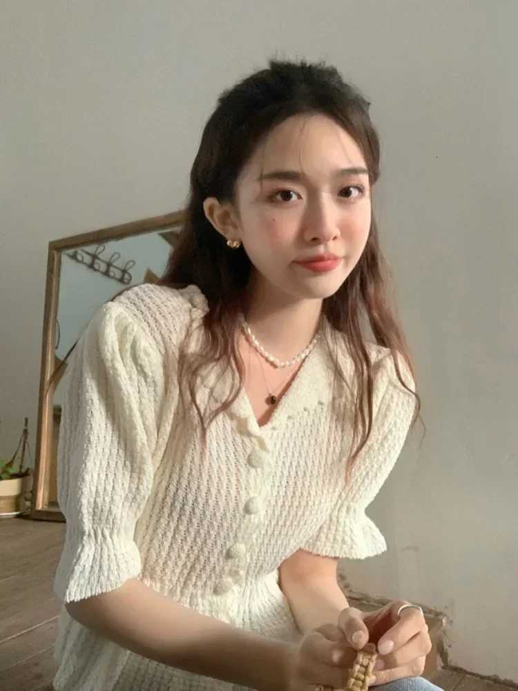 Woherb Knitted Turn Down Collar Cardigan Womens Y2k Short Sleeve Sweater Pull Femme 2025 Womens Fashion Korean Solid Tops X250724